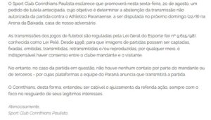 Nota do Corinthians sobre a partida (Foto: Reprodução/Site Oficial do Clube)